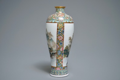 A Chinese famille rose eggshell vase with landscapes, 20th C.