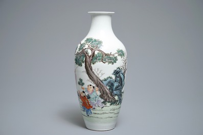 A Chinese famille rose vase with a garden scene, Republic, 20th C.