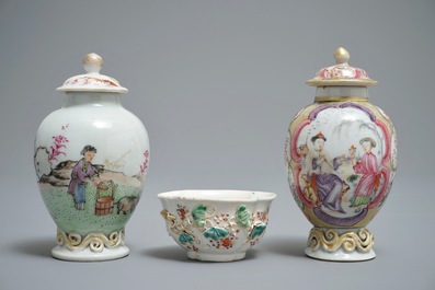 Two Chinese famille rose tea caddies and a relief-decorated cup and saucer, Yongzheng/Qianlong