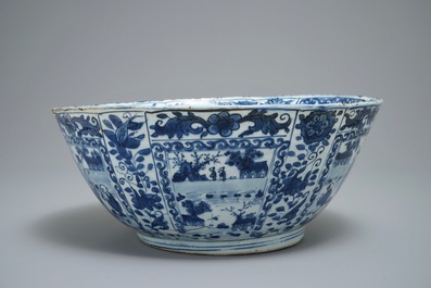 A large Chinese blue and white kraak porcelain bowl with figurative panels, Wanli