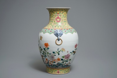 A Chinese famille rose hu vase with quails, Jiaqing mark, 19/20th C.