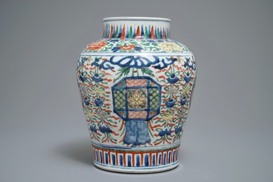 A Chinese wucai vase with buddhist emblems, Transitional period, Chongzhen/Shunzhi