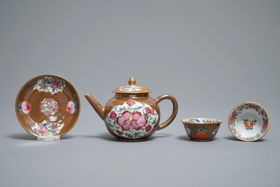 A Chinese famille rose capucin-ground teapot and six cups and saucers, Qianlong