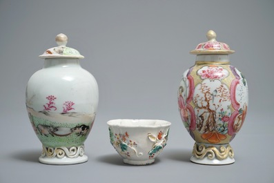 Two Chinese famille rose tea caddies and a relief-decorated cup and saucer, Yongzheng/Qianlong