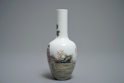 A Chinese famille rose vase with shepherdesses and their sheep, Qianlong mark, 20th C.