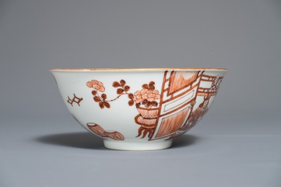 A Chinese iron red bowl and dish with the three star-gods Fuxing, Luxing and Shoushing, 19/20th C.