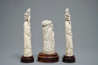 Three Chinese carved ivory figures of ladies and of an immortal, 2nd half 19th C.