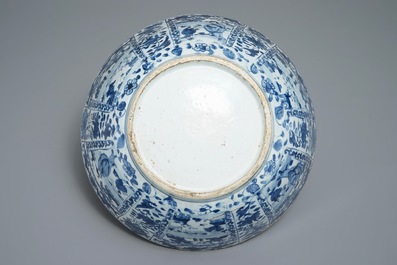 A large Chinese blue and white kraak porcelain bowl with figurative panels, Wanli