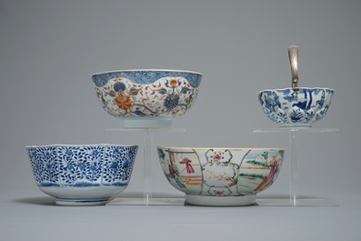 Four Chinese blue and white, famille rose and Imari-style bowls, Kangxi, Qianlong and 19th C.