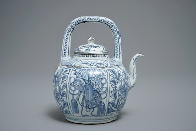 A Chinese blue and white kraak porcelain wine jug and cover with precious objects and flowers, Wanli