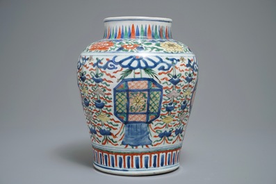 A Chinese wucai vase with buddhist emblems, Transitional period, Chongzhen/Shunzhi