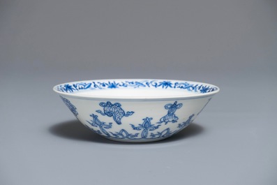 A Chinese blue and white bowl with taoist symbols, Jiajing mark, Kangxi