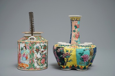 A Chinese famille rose Straits or Peranakan tulip vase and a Canton teapot, 19th C.