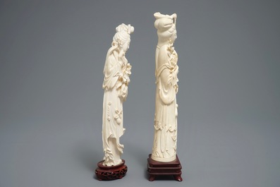 Two Chinese carved ivory figures of ladies with blossoms, 1st half 20th C.