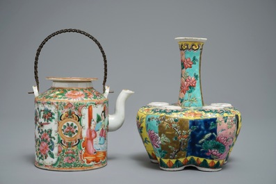 A Chinese famille rose Straits or Peranakan tulip vase and a Canton teapot, 19th C.