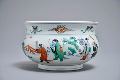 A Chinese doucai censer with figures in a landscape, Chenghua mark, Kangxi