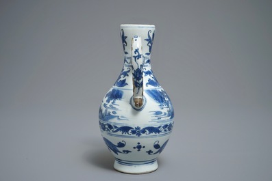 A Chinese blue and white landscape jug, Transitional period