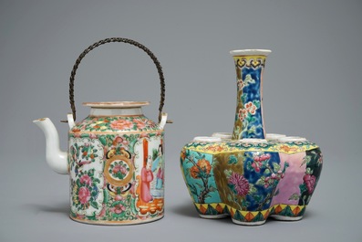 A Chinese famille rose Straits or Peranakan tulip vase and a Canton teapot, 19th C.