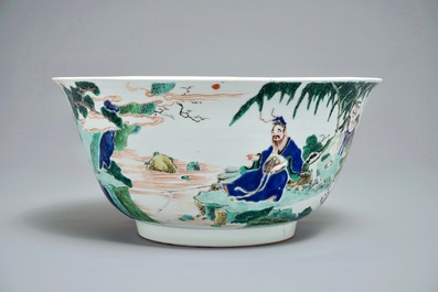 A large Chinese famille verte bowl with figures in a landscape, Kangxi