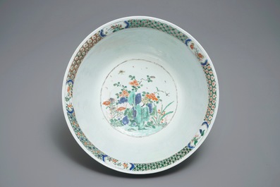 A large Chinese famille verte bowl with figures in a landscape, Kangxi