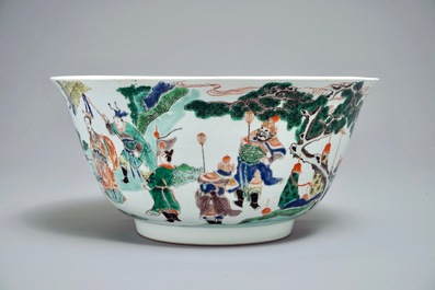 A large Chinese famille verte bowl with figures in a landscape, Kangxi