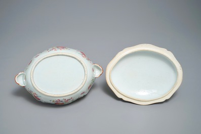 A pair of Chinese famille rose covered tureens on stands, Qianlong