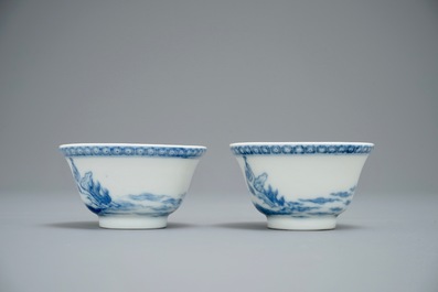 A pair of Chinese blue and white mythological cups and saucers depicting Neptune, Qianlong