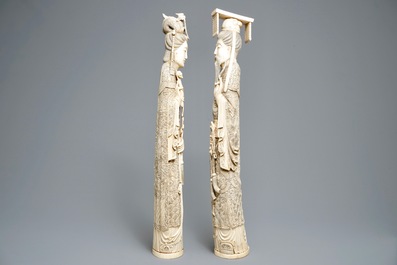 A pair of large Chinese ivory figures of an emperor and his wife, 19th C.