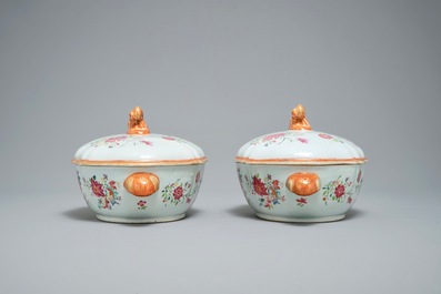 A pair of Chinese famille rose covered tureens on stands, Qianlong