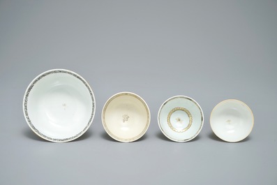 A Chinese grisaille and gilt bowl and three cups, Yongzheng/Qianlong