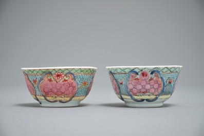 A pair of Chinese famille rose eggshell cups and saucers with overglaze floral design, Yongzheng