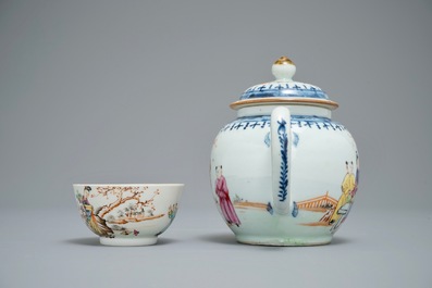 A Chinese famille rose mandarin teapot with cup and saucer, Qianlong