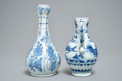 A Chinese blue and white landscape jug and a bottle vase with taoist symbols, Transitional period and Wanli