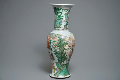 A large Chinese famille verte phoenix-tail vase with figurative design around, Kangxi