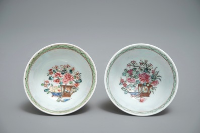 A pair of Chinese famille rose eggshell cups and saucers with overglaze floral design, Yongzheng