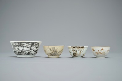 Un bol et trois tasses en porcelaine de Chine grisaille et dor&eacute;, Yongzheng/Qianlong