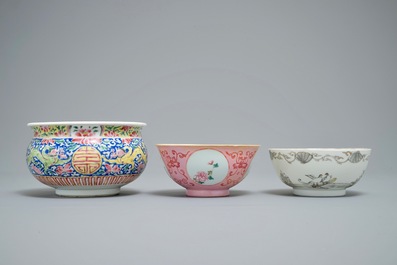 Two Chinese famille rose and grisaille bowls and an incense burner, Yongzheng and later