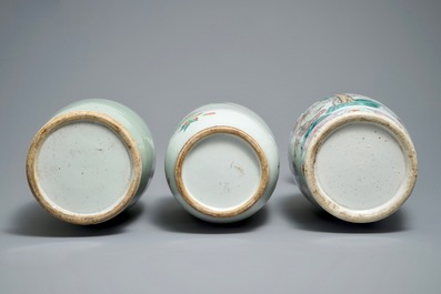 Three tall Chinese famille rose and celadon-ground vases, 19/20th C.