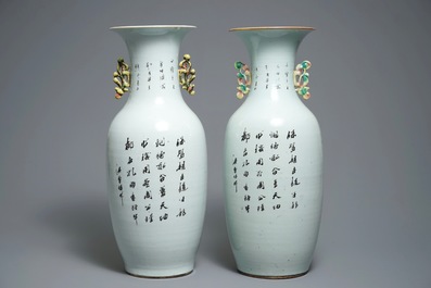 A pair of Chinese famille rose vases with figures on a terrace, 19/20th C.