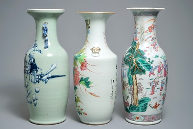 19-20世纪 粉彩青地人物花卉大瓷瓶 三件