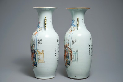 A pair of Chinese famille rose vases with figures on a terrace, 19/20th C.