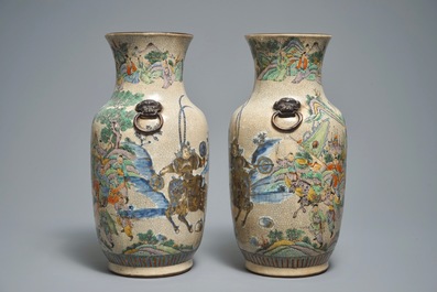 A pair of Chinese Nanking famille verte crackle-glazed vases, 19th C.