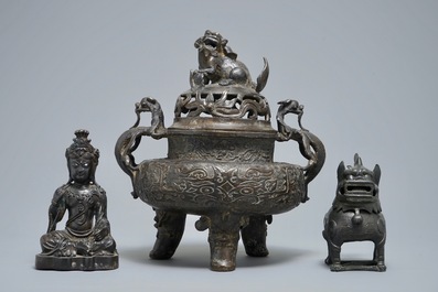 Two Chinese bronze incense burners and a figure of Buddha Shakyamuni, Ming and later