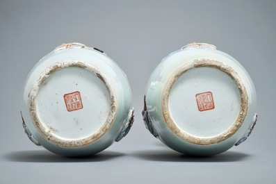 A pair of Chinese famille rose relief-decorated Wu Shuang Pu vases, Qianlong mark, 19th C.