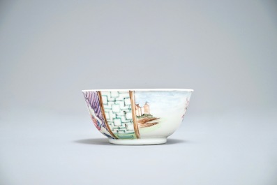 A fine Chinese famille rose cup and saucer with a lady and her dog, Yongzheng