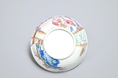Deux soucoupes et une tasse en porcelaine de Chine famille rose &agrave; d&eacute;cor d'une femme et son chien, Yongzheng