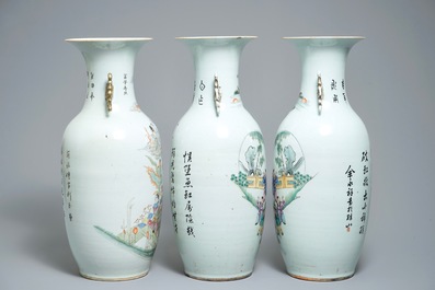 A pair of Chinese famille rose vases and one other example, 19/20th C.