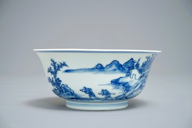 A Chinese blue and white bowl with a fine landscape, Yongzheng mark and of the period