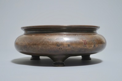 A large Chinese mixed-metal inlaid bronze incense burner, 18/19th C.