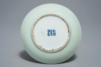 A Chinese famille rose celadon-ground plate with erotical design, 19th C.